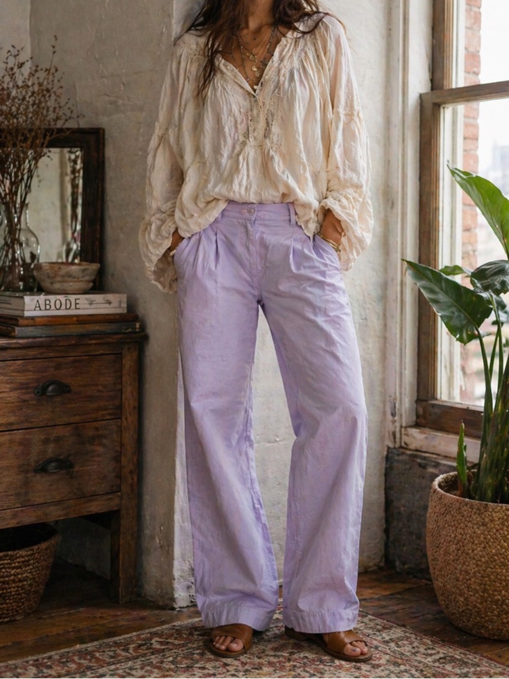 Free People Lavender Trousers with Pleats, Relaxed Fit Crisp Fabric